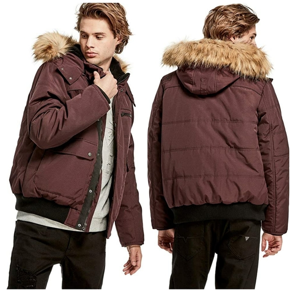 guess men's quilted jacket with fleece collar